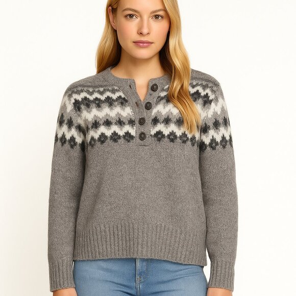 Zara Gray Fair Isle Henley Alpaca Knit Blend Long Sleeve Sweater Women’s Size S - Picture 2 of 16